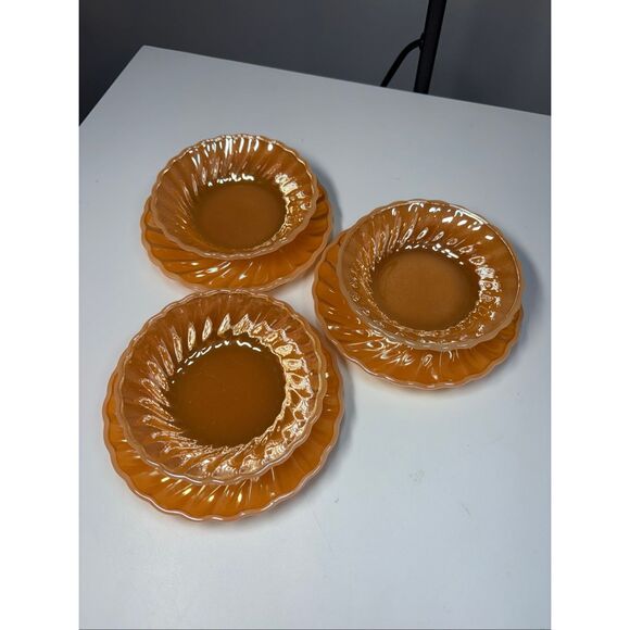 Vintage Anchor Hocking Peach Luster Bowls and Plates Swirl Design Set of 3 - Picture 1 of 5